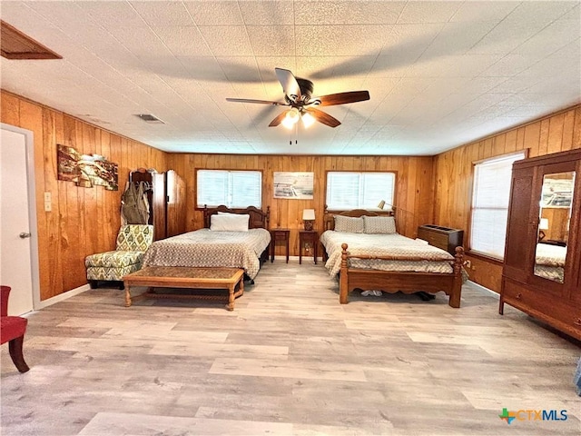 bedroom with ceiling fan and light wood-type flooring