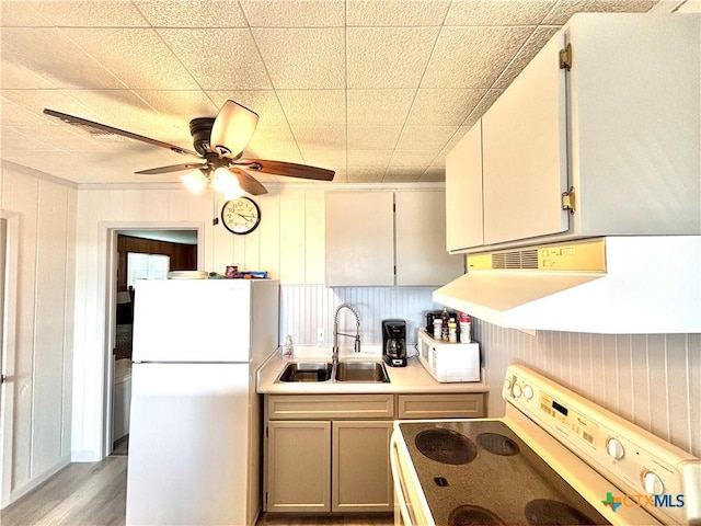 kitchen featuring sink, white appliances, wooden walls, ceiling fan, and range hood