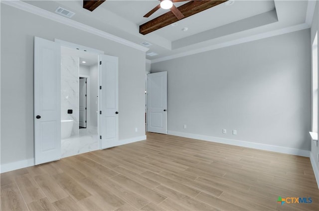 unfurnished bedroom with beam ceiling, ornamental molding, ceiling fan, and light hardwood / wood-style floors