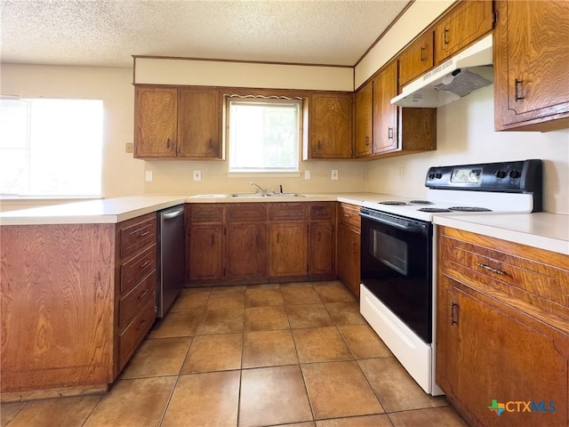 1804 Kingman Rd, Killeen, TX 76549 - kitchen featuring electric range oven, under cabinet range hood, stainless steel dishwasher, brown cabinets, and a textured ceiling