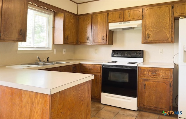 1804 Kingman Rd, Killeen, TX 76549 - kitchen with range with electric stovetop, under cabinet range hood, a peninsula, and brown cabinetry