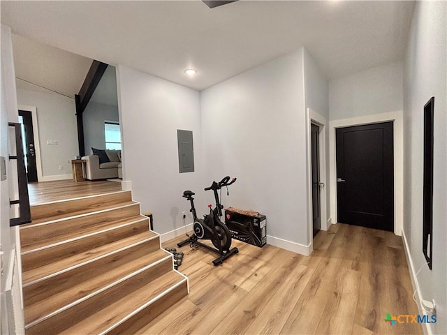 workout area featuring light hardwood / wood-style flooring and electric panel