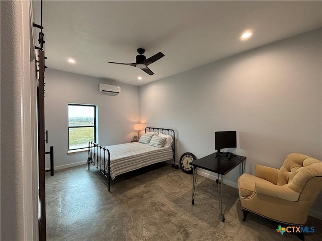 bedroom with a wall mounted air conditioner and ceiling fan