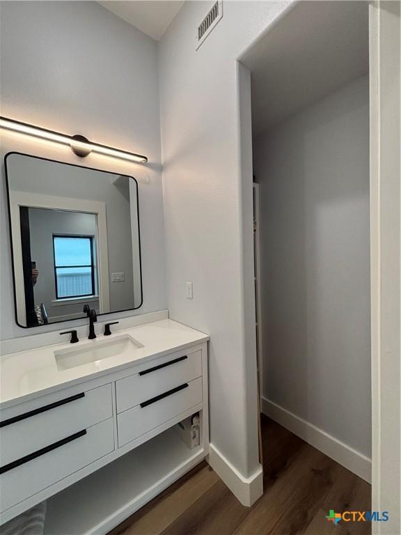 bathroom featuring hardwood / wood-style flooring and vanity