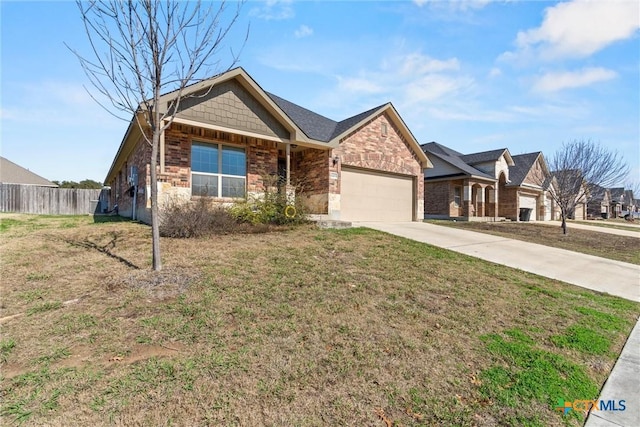 ranch-style home with a garage, concrete driveway, a front yard, and fence