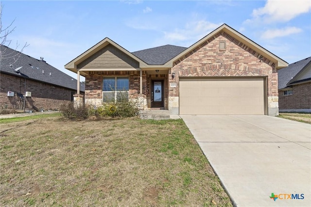 view of front of property featuring concrete driveway, brick siding, a front lawn, and an attached garage