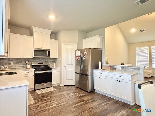 109 Opal Way, Port Lavaca, TX 77979 - kitchen featuring stainless steel appliances, a sink, a peninsula, decorative backsplash, and dark wood-style floors