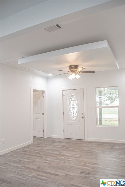 entryway featuring light hardwood / wood-style flooring and ceiling fan