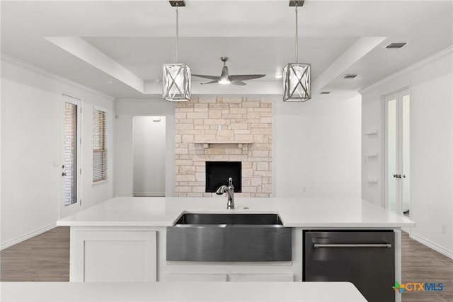 kitchen featuring sink, decorative light fixtures, dark hardwood / wood-style floors, a tray ceiling, and white cabinets