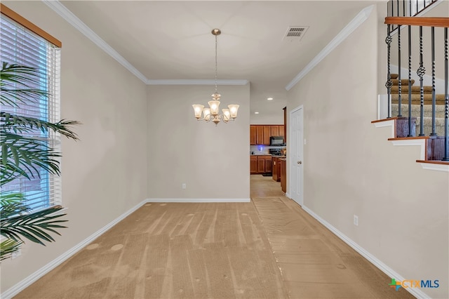 carpeted dining area featuring crown molding and a chandelier