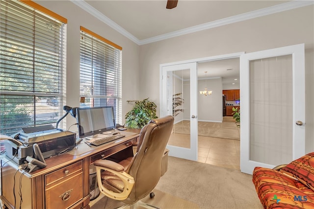 tiled office space featuring french doors, a chandelier, and ornamental molding