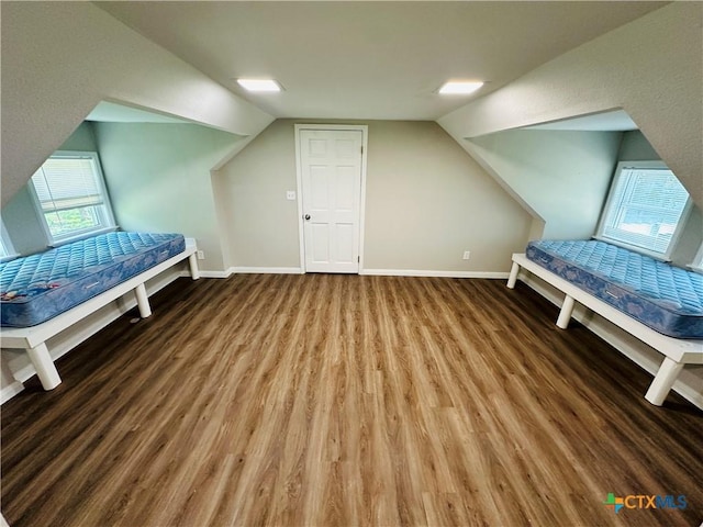 unfurnished bedroom featuring vaulted ceiling and hardwood / wood-style flooring