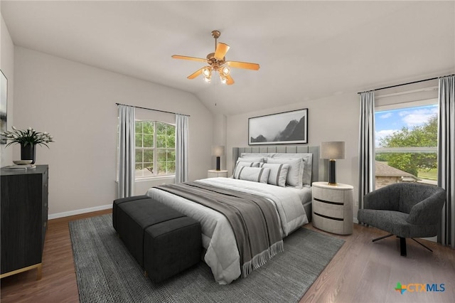 1018 Canyon Maple Rd, Pflugerville, TX 78660 - bedroom with wood finished floors, lofted ceiling, baseboards, and a ceiling fan