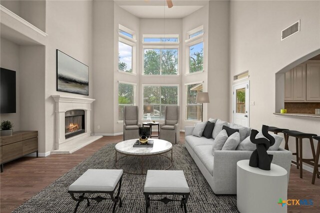 1018 Canyon Maple Rd, Pflugerville, TX 78660 - living room featuring a towering ceiling, a lit fireplace, wood finished floors, and plenty of natural light
