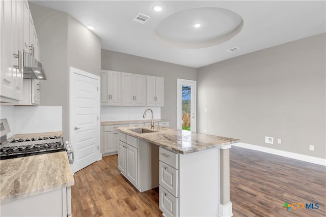 kitchen with a kitchen island with sink, light wood-type flooring, sink, and white cabinets