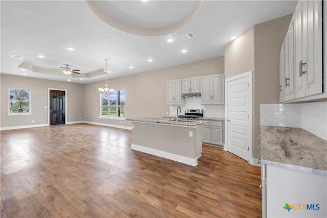 kitchen featuring a center island with sink, a tray ceiling, wood-type flooring, white cabinets, and stainless steel range