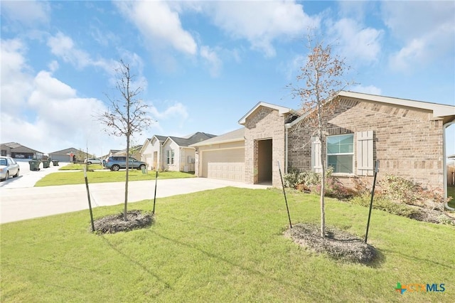 813 Indigo Way, Seguin, TX 78155 - view of front of property with concrete driveway, a garage, a front yard, brick siding, and a residential view
