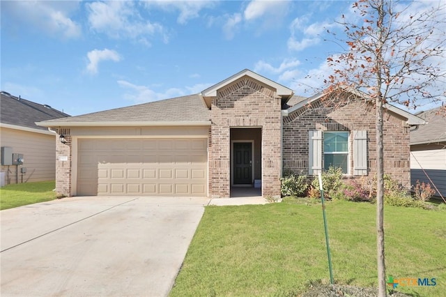 813 Indigo Way, Seguin, TX 78155 - view of front of house with brick siding, a garage, driveway, and a front yard