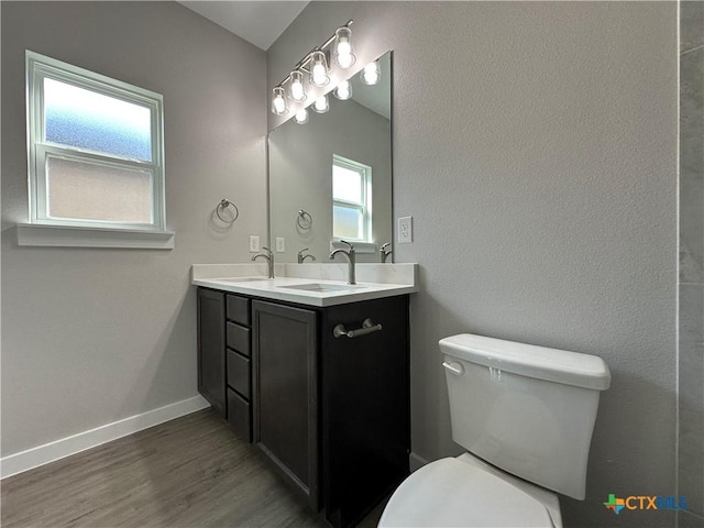 bathroom with vanity, wood-type flooring, and toilet