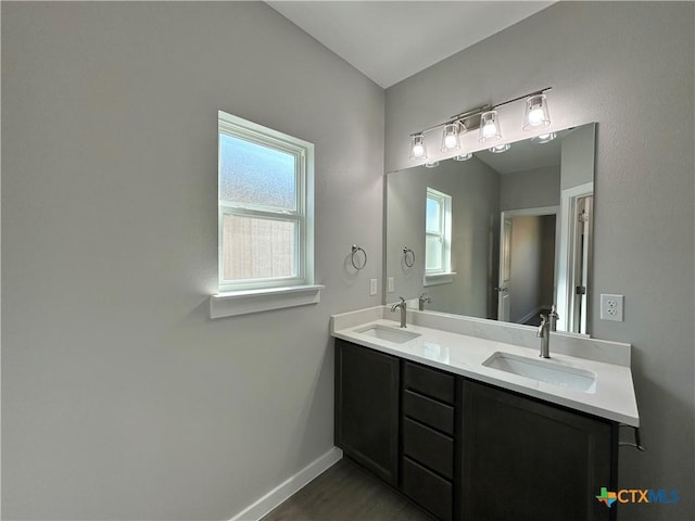 bathroom featuring hardwood / wood-style flooring and vanity