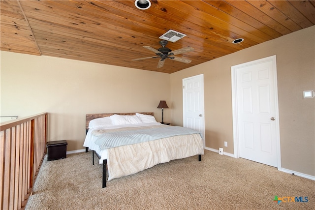 carpeted bedroom with wooden ceiling and ceiling fan