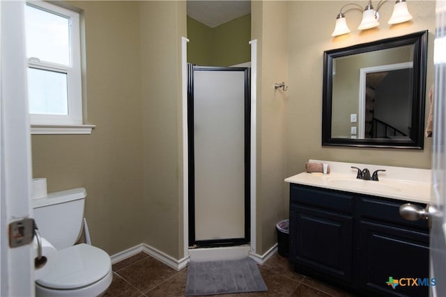 461 Naked Indian Trl, New Braunfels, TX 78132 - full bathroom featuring tile patterned flooring, a shower stall, toilet, vanity, and baseboards
