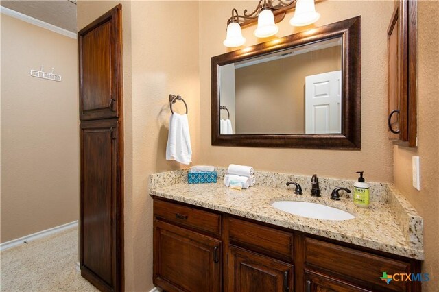461 Naked Indian Trl, New Braunfels, TX 78132 - bathroom with vanity, ornamental molding, and baseboards