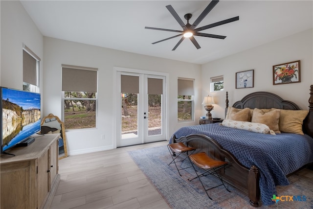 bedroom with access to exterior, french doors, light hardwood / wood-style flooring, and ceiling fan