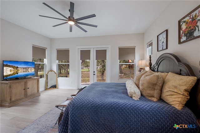 bedroom featuring ceiling fan, access to exterior, and light hardwood / wood-style flooring