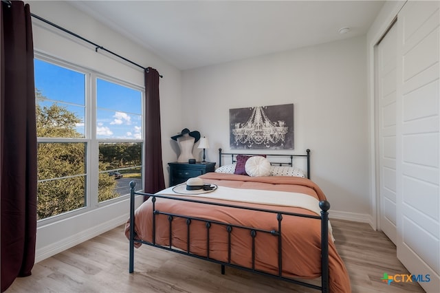 bedroom with light hardwood / wood-style flooring and a closet