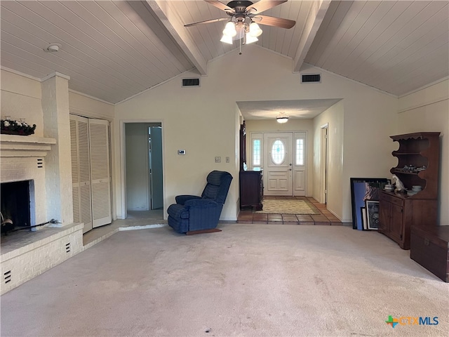 unfurnished living room with vaulted ceiling with beams, light carpet, ceiling fan, and wood ceiling