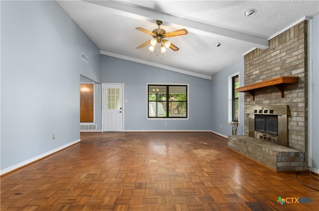 1606 Cedar Oaks Ln, Harker Heights, TX 76548 - unfurnished living room with ceiling fan, a brick fireplace, and a textured ceiling