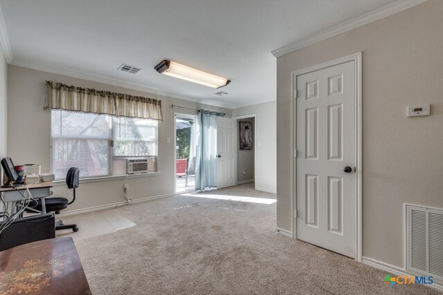 office space with cooling unit, crown molding, and light colored carpet