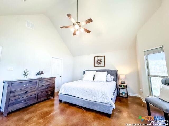 bedroom with baseboards, visible vents, concrete floors, high vaulted ceiling, and ceiling fan