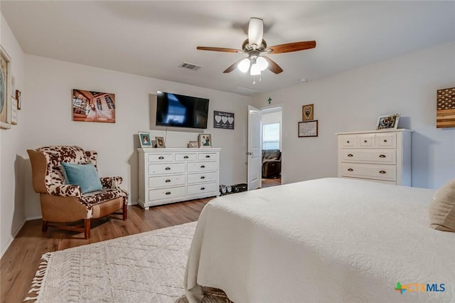 bedroom featuring ceiling fan and light hardwood / wood-style floors