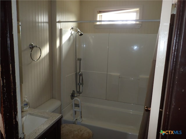 full bathroom with vanity, toilet, and shower / washtub combination