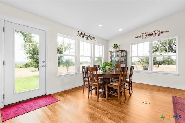 dining space with plenty of natural light and light wood-type flooring