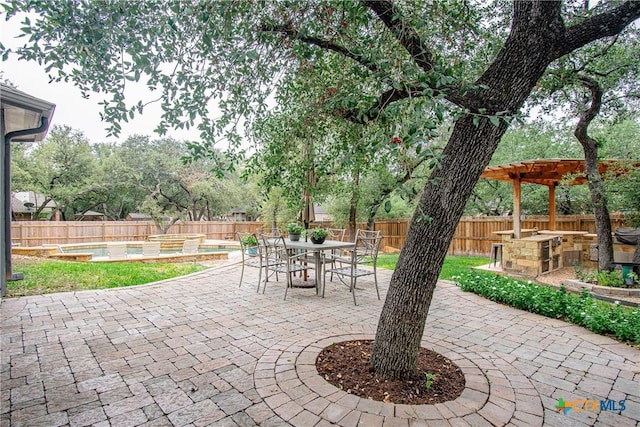 view of patio / terrace featuring a fenced backyard, a pergola, outdoor dining area, and a fenced in pool