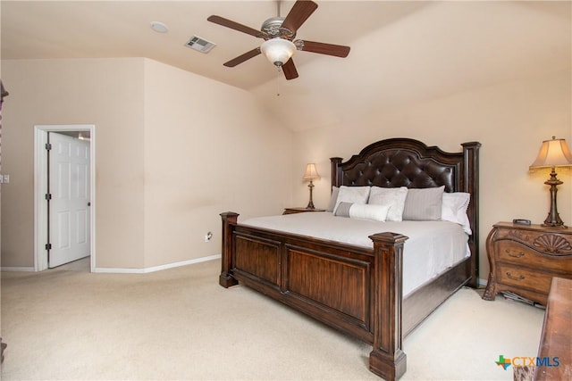 bedroom with lofted ceiling, light carpet, a ceiling fan, visible vents, and baseboards