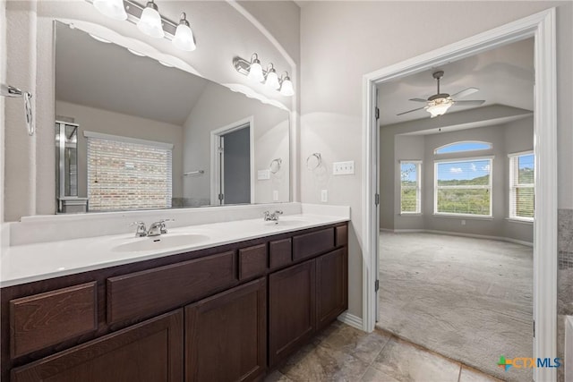 8113 Cannon Ct, Lago Vista, TX 78645 - full bath with double vanity, ceiling fan, and tile patterned flooring