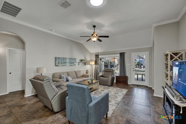 living room featuring lofted ceiling, crown molding, and ceiling fan