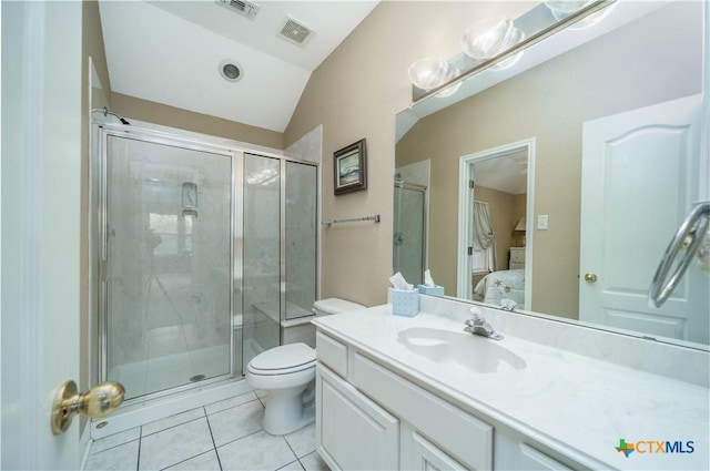 bathroom featuring tile patterned flooring, visible vents, vaulted ceiling, and a shower stall