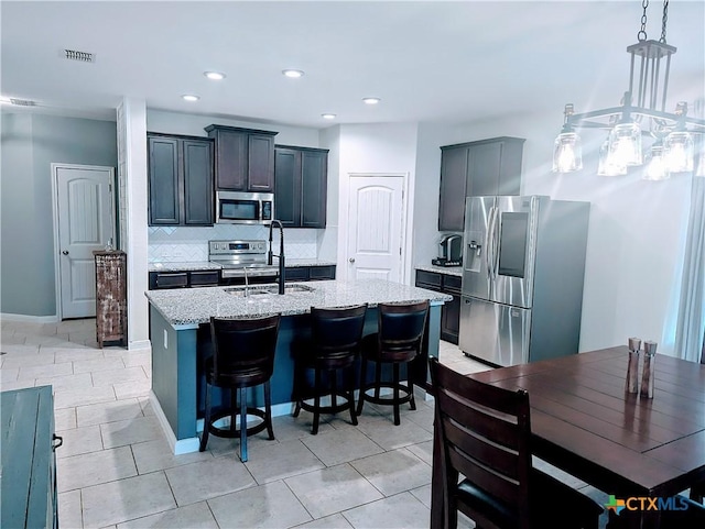 kitchen featuring stainless steel appliances, a kitchen island with sink, sink, and decorative backsplash