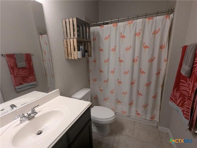 full bathroom with shower / bathtub combination with curtain, tile patterned flooring, vanity, and toilet