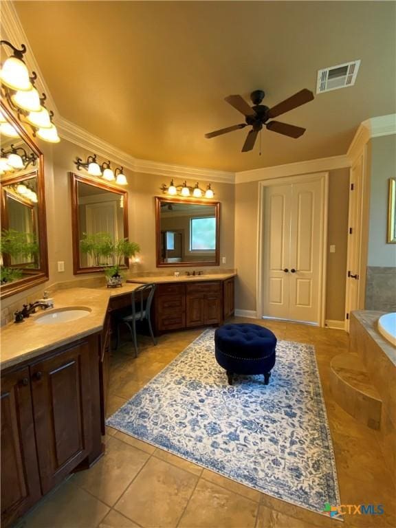 full bathroom with a sink, a ceiling fan, visible vents, ornamental molding, and tile patterned flooring