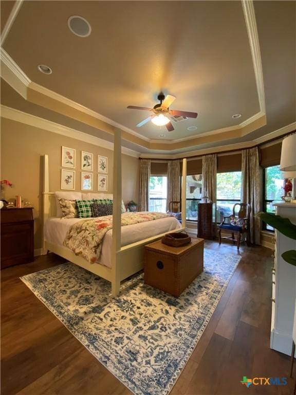 bedroom with a raised ceiling, ornamental molding, and multiple windows