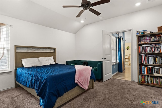 6505 Cassidy Ln, Killeen, TX 76542 - carpeted bedroom featuring multiple windows, lofted ceiling, recessed lighting, and a ceiling fan