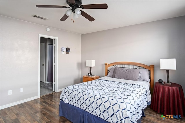 bedroom featuring ceiling fan and dark hardwood / wood-style flooring