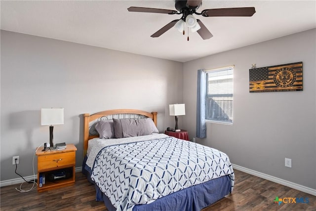 bedroom featuring ceiling fan and dark wood-type flooring