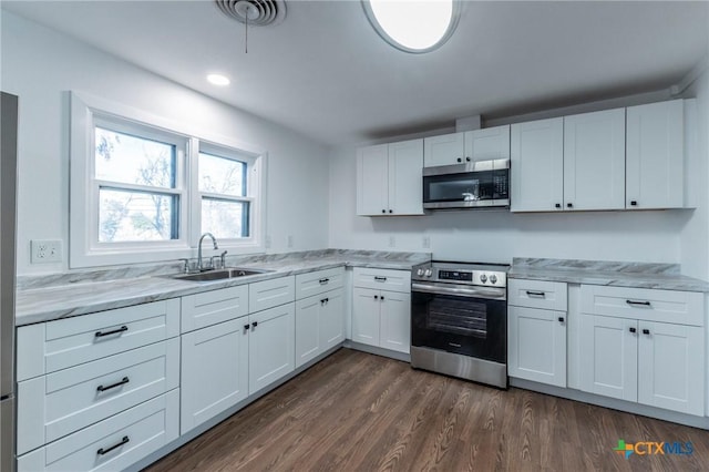 kitchen with sink, white cabinets, and appliances with stainless steel finishes